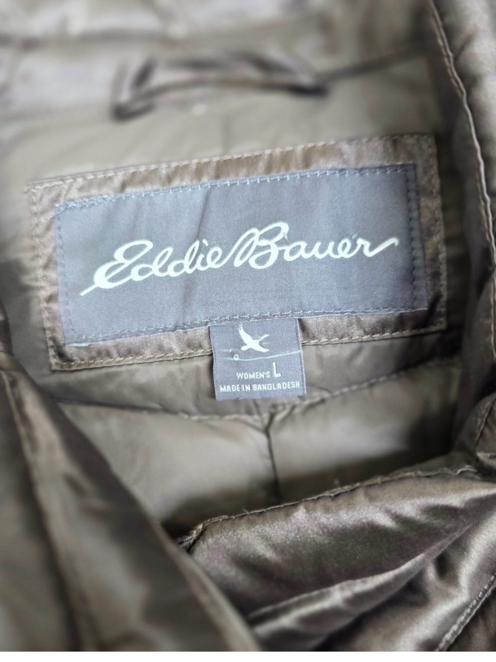 Eddie Bauer Down Puffer Jacket Womens Large Brown Quilted Zip Asymmetrical